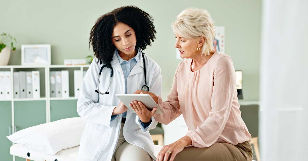 doctor with mature patient for medical service, consulting and help in clinic